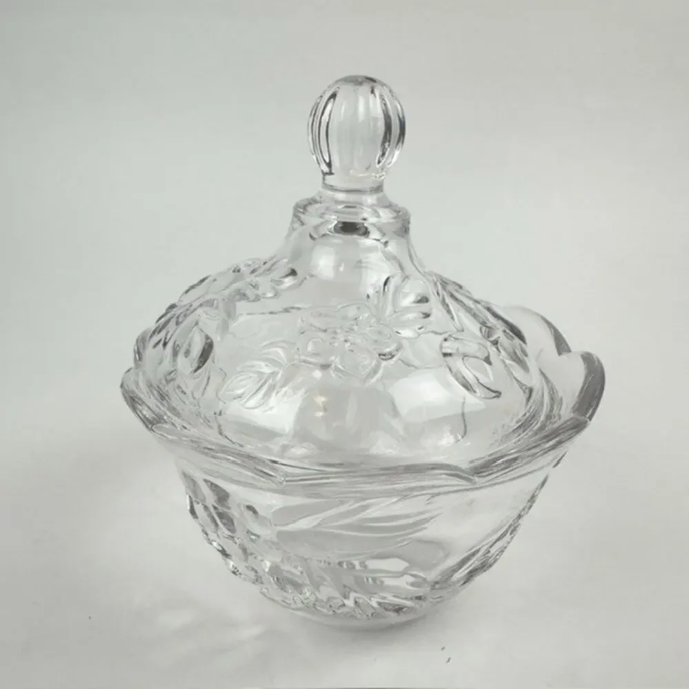 Vintage Clear Glass Candy Dish and Lid w/ Grape Vine /Cherries/Flowers Motif